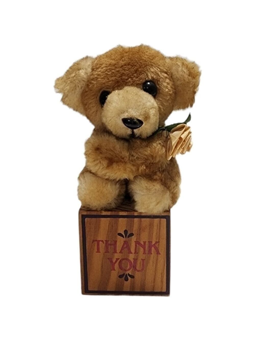 Vintage Thank you Bear on a block by Paula tiny plush bear holding a Rose